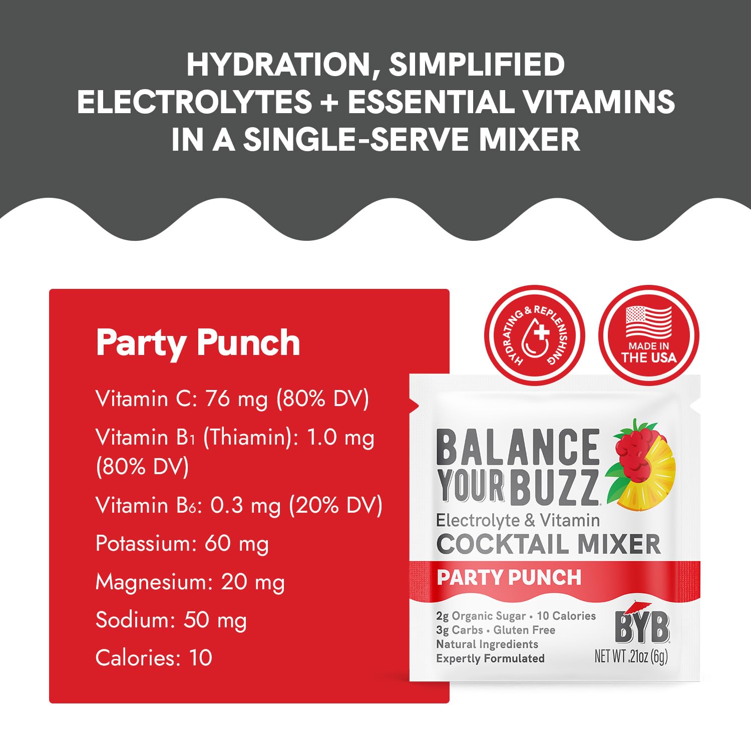 Party Punch cocktail mixer packaging with nutritional information and branding details.