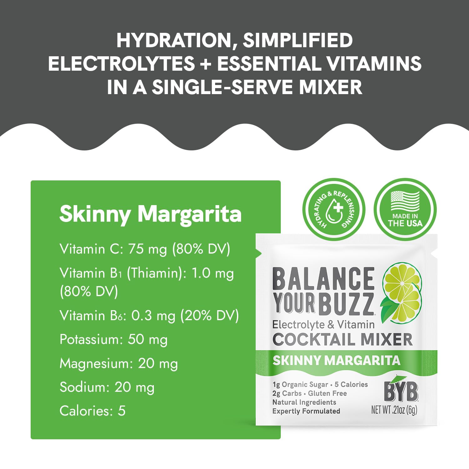 Balance Your Buzz Skinny Margarita cocktail mixer packaging with nutritional information on a gray background.