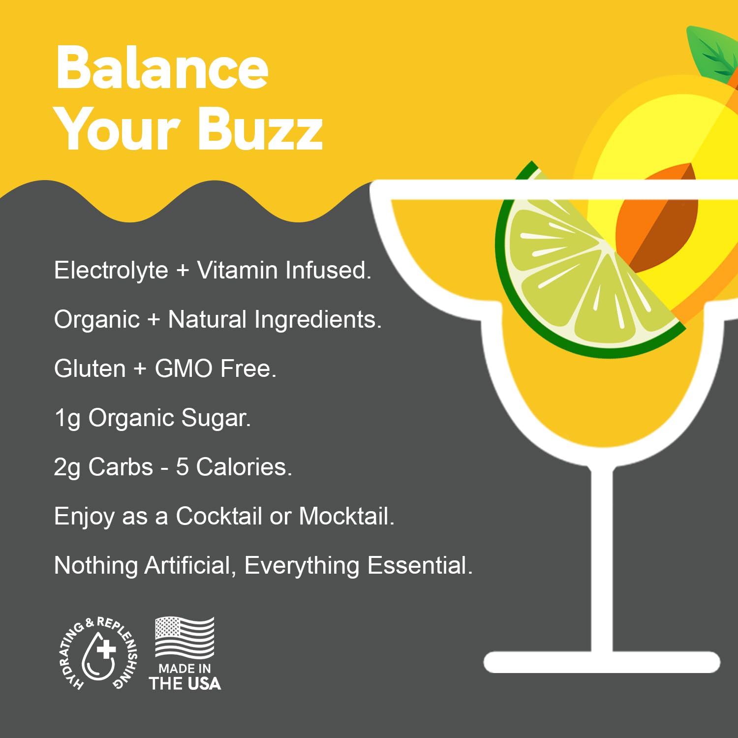 Product label with a cocktail glass, peach, and lime on a yellow and gray background.