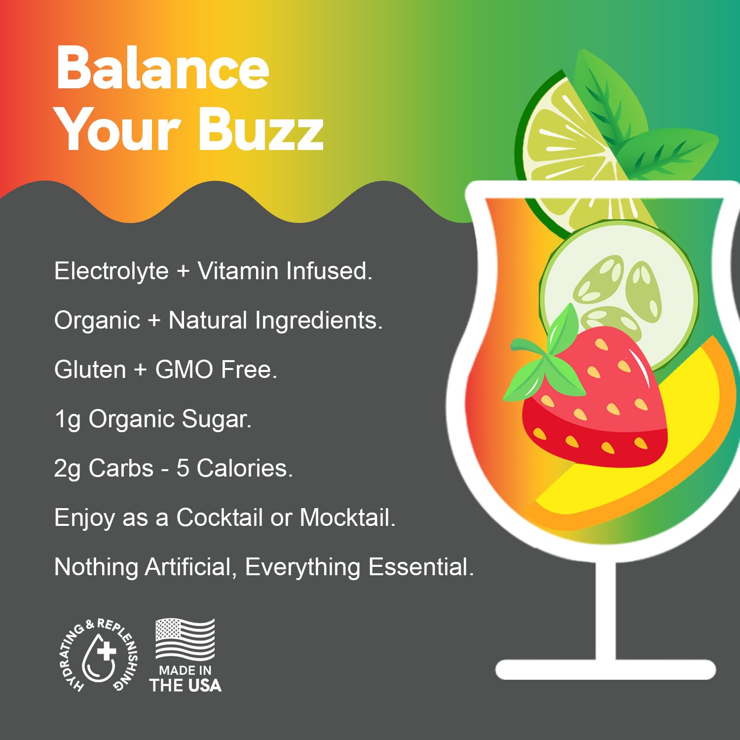 Promotional graphic for a drink with ingredients and health benefits, featuring a colorful cocktail illustration.