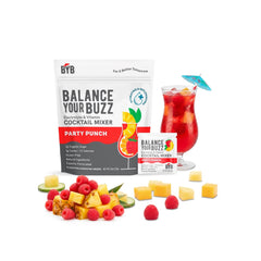Balance Your Buzz cocktail mixer package with a glass of party punch and fruit toppings on a white background