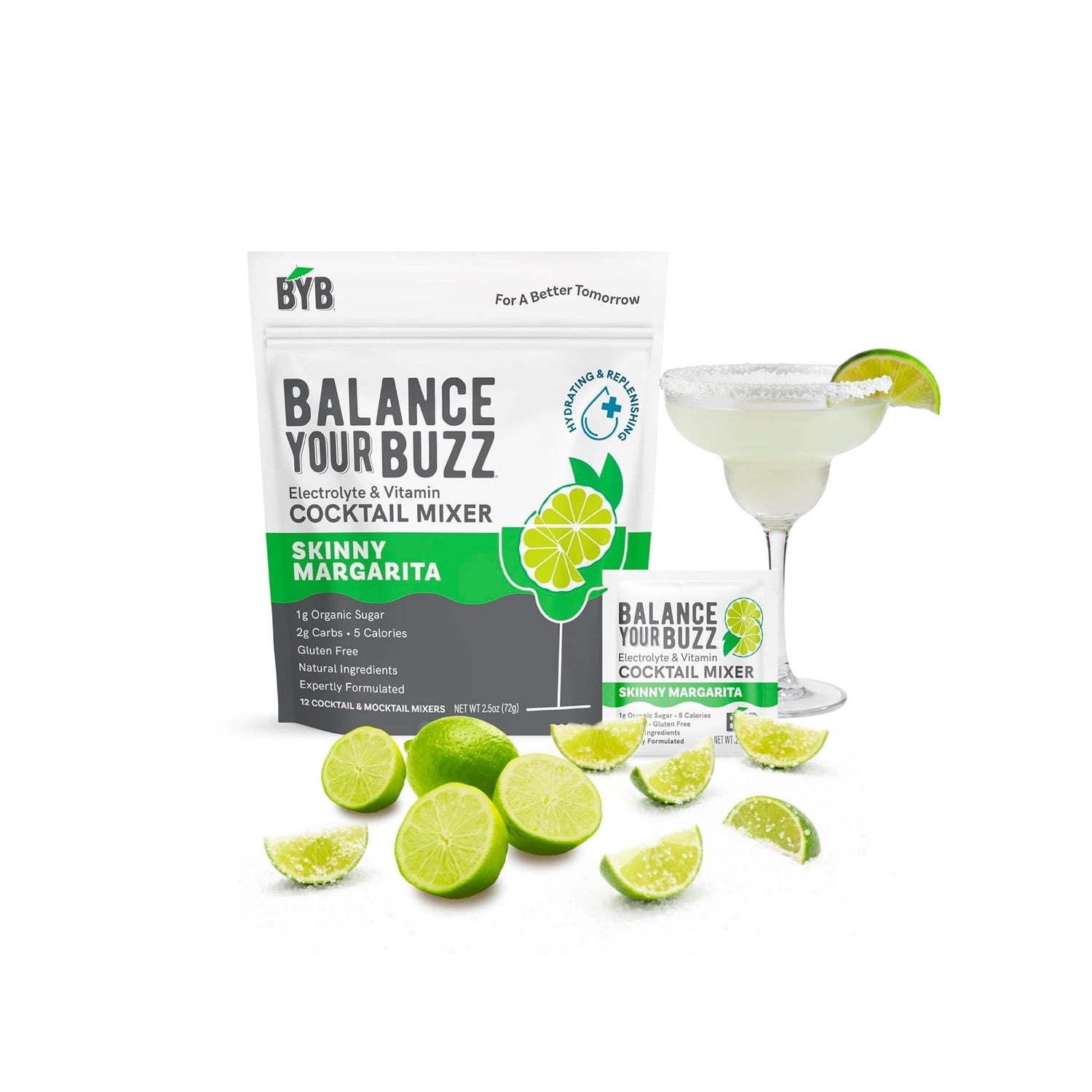 Balance Your Buzz cocktail mixer package with a margarita and lime wedges on a white background