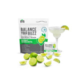 Balance Your Buzz cocktail mixer package with a margarita and lime wedges on a white background