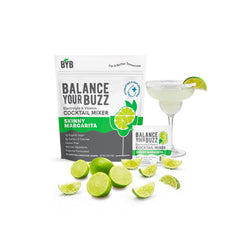 Balance Your Buzz cocktail mixer package with a margarita and lime wedges on a white background