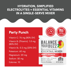 Party Punch cocktail mixer packaging with nutritional information and branding details.