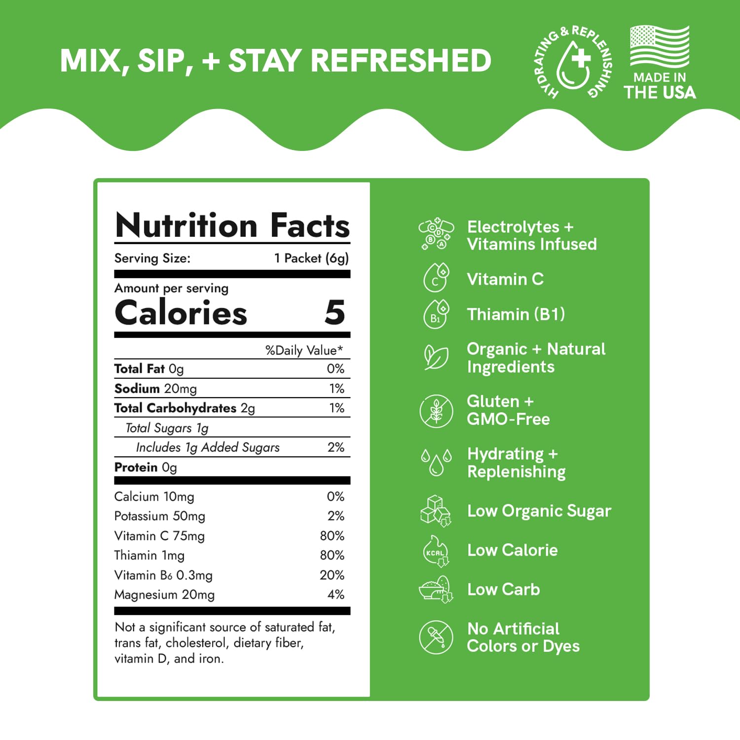 Nutrition facts label for a product with green background and white text
