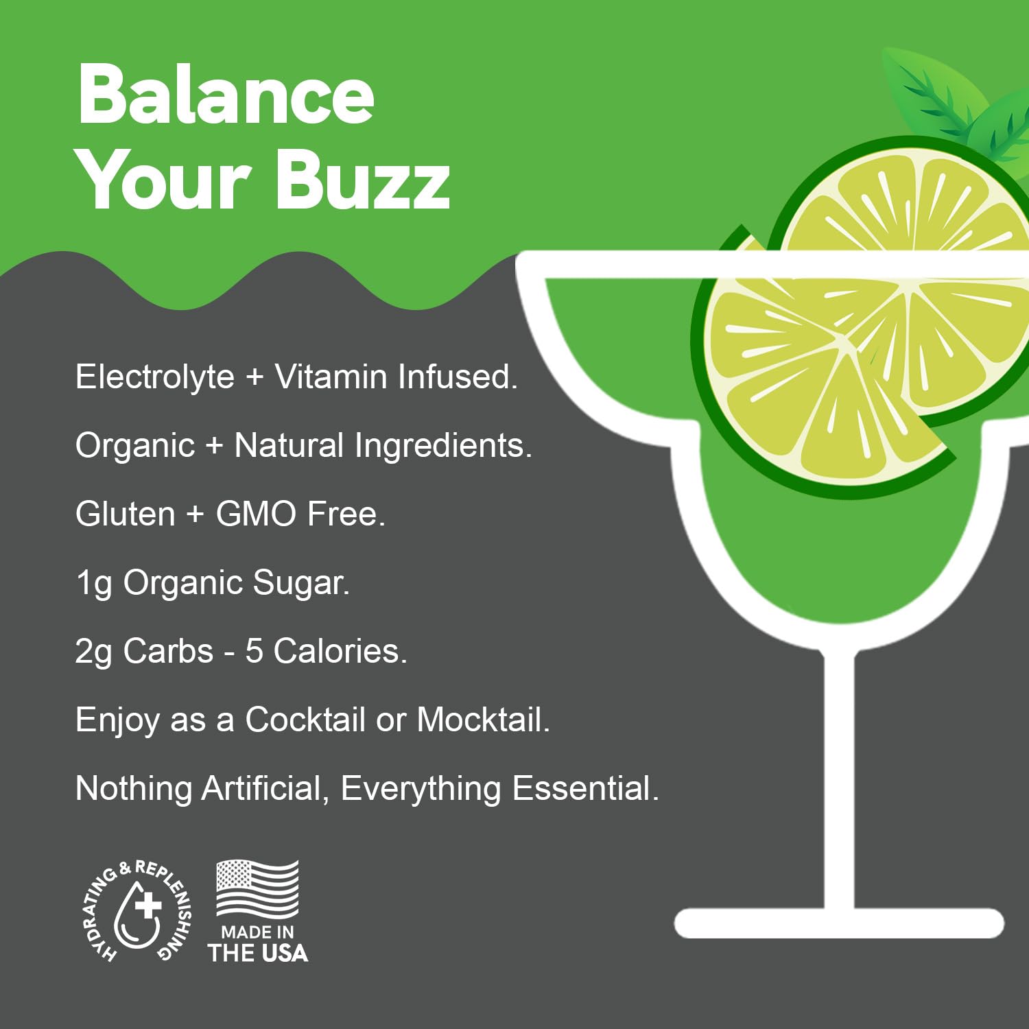 Advertisement for a drink with lime slices, text about product features, and logos on a green and gray background.