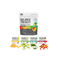 Balance Your Buzz cocktail mixer variety pack with ingredients on a white background