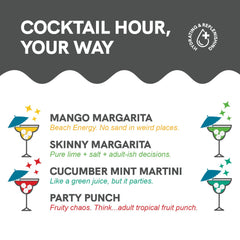 Promotional graphic for cocktail options with descriptions and icons.