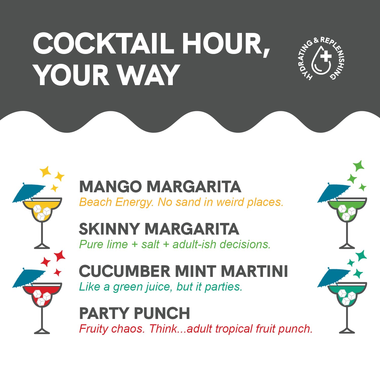 Promotional graphic for cocktail options with descriptions and icons.