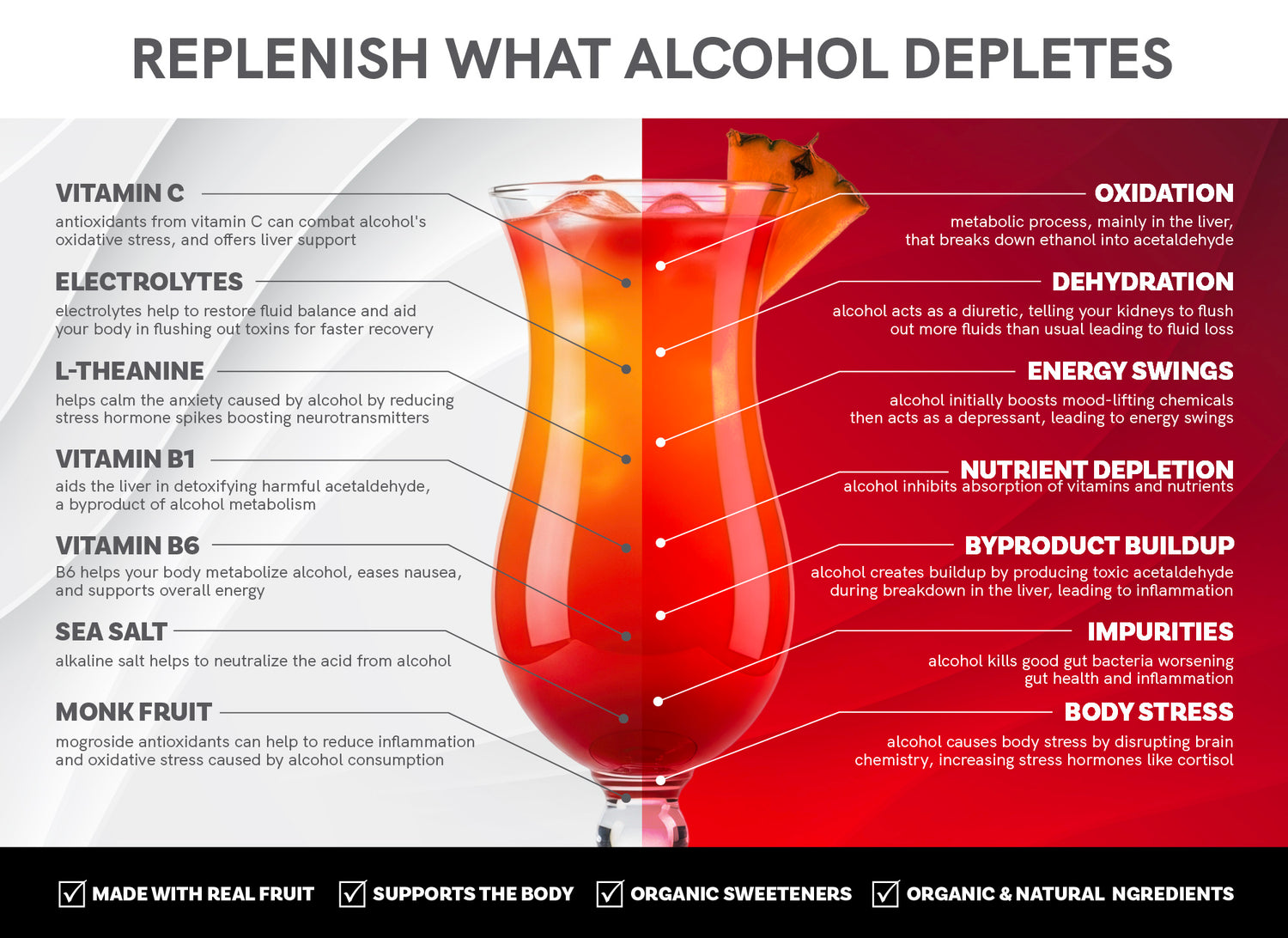 Infographic about replenishing what alcohol depletes with a drink illustration.