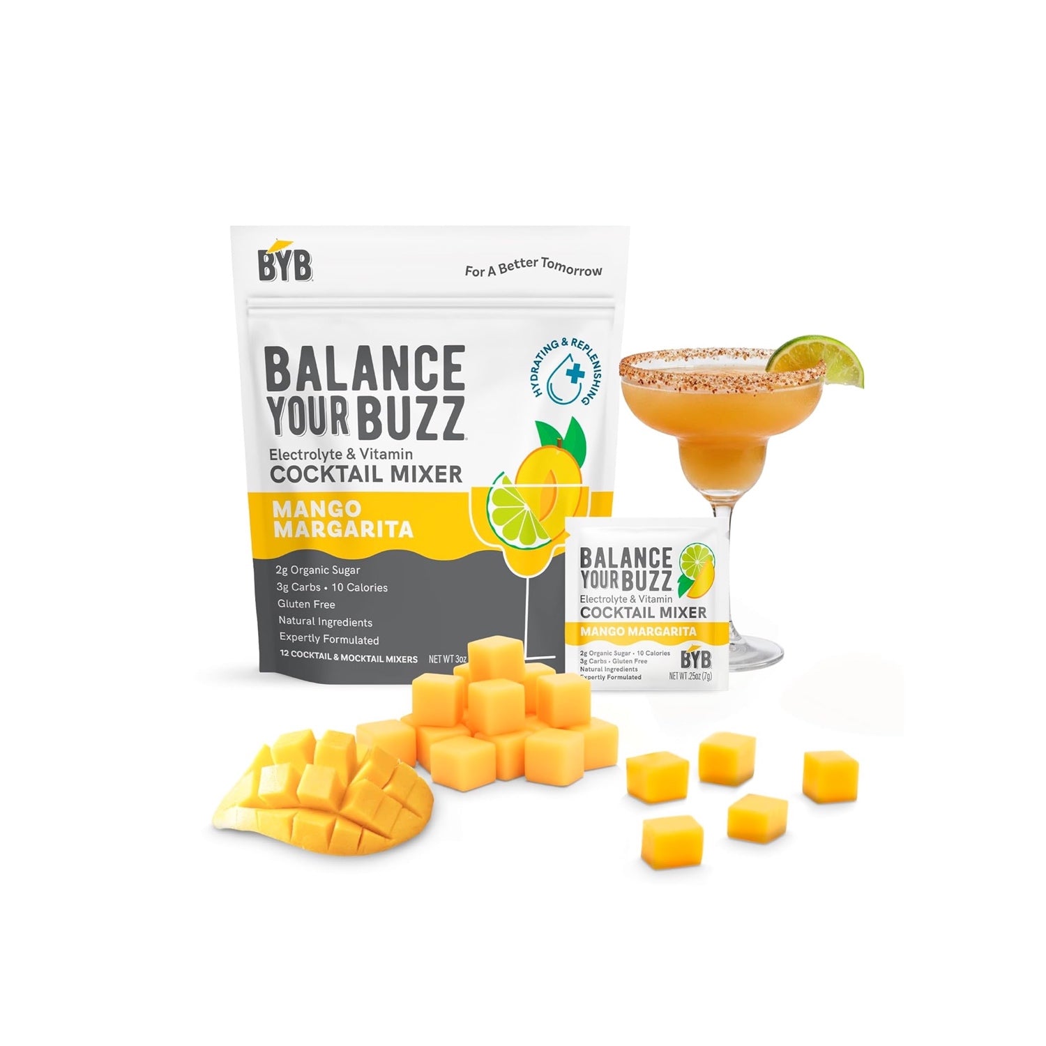 Balance Your Buzz Mango Margarita cocktail mixer with mango pieces and a cocktail on a white background