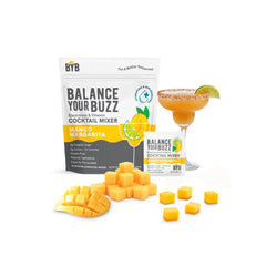 Balance Your Buzz Mango Margarita cocktail mixer with mango pieces and a cocktail on a white background