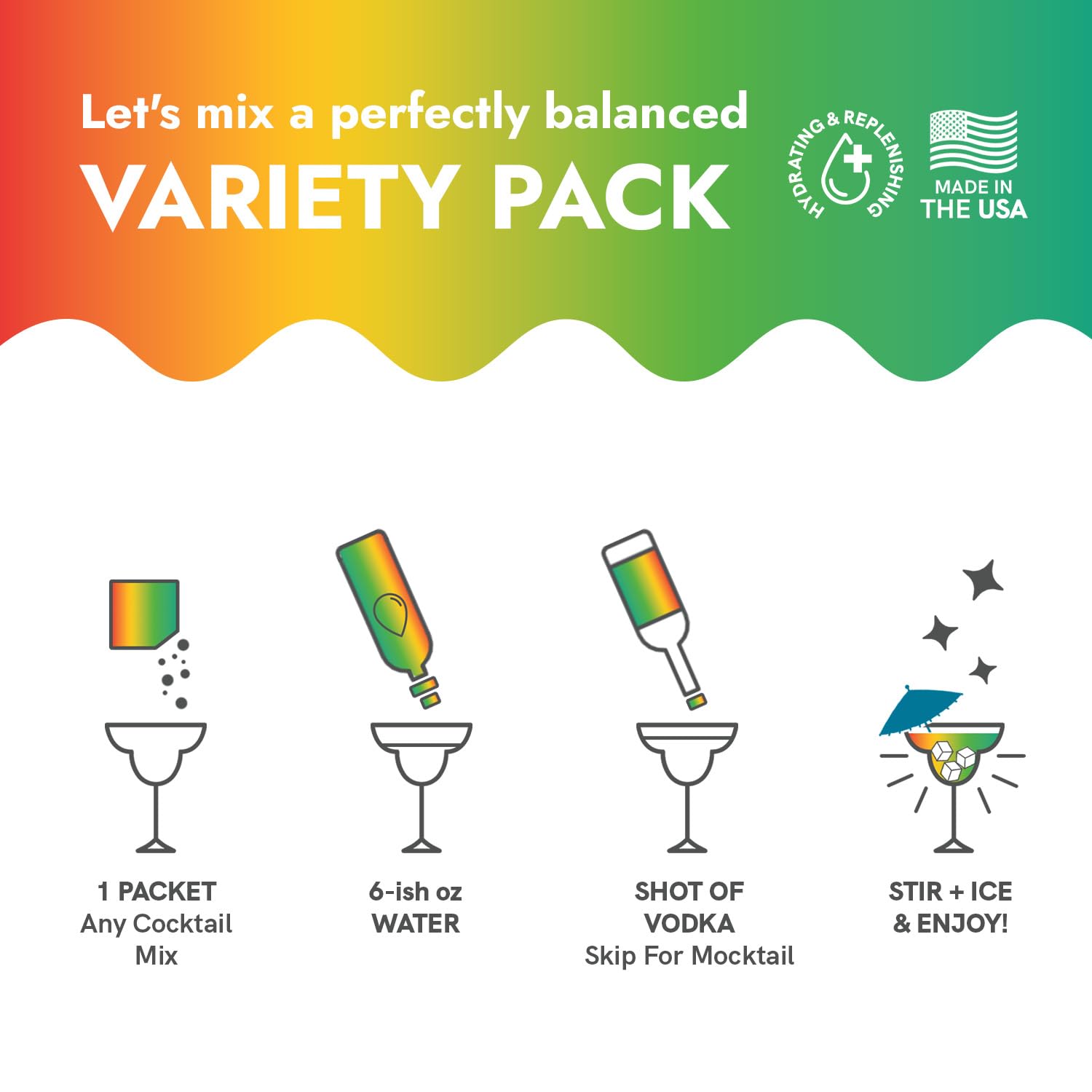 Instructions for mixing a perfectly balanced variety pack of cocktails with colorful graphics and text.