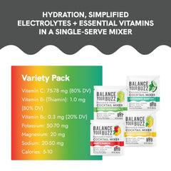 Balance Your Buzz cocktail mixer variety pack with nutritional information on a white background