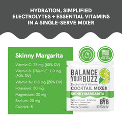 Balance Your Buzz Skinny Margarita cocktail mixer packaging with nutritional information on a gray background.