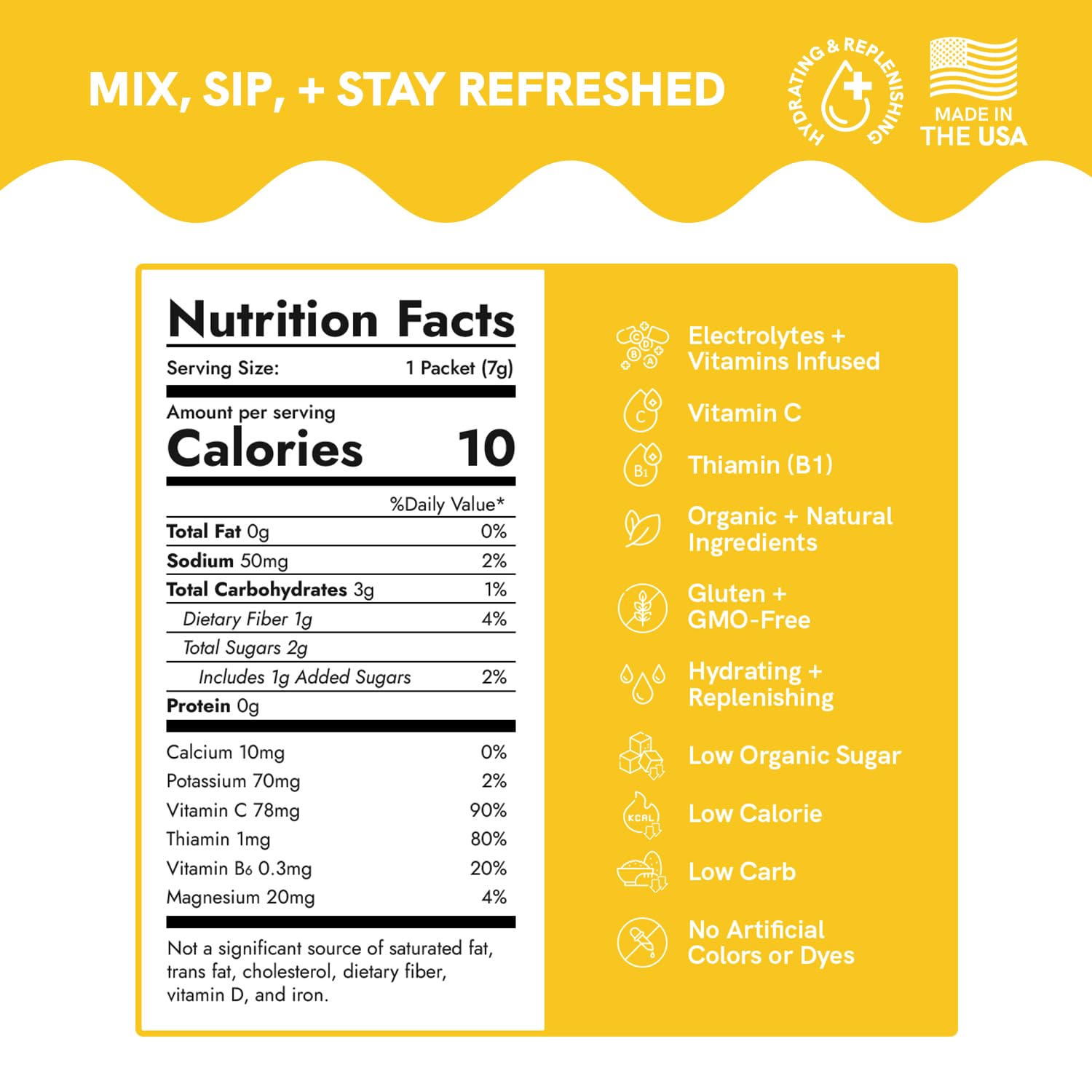 Nutrition facts label with health benefits on a yellow background