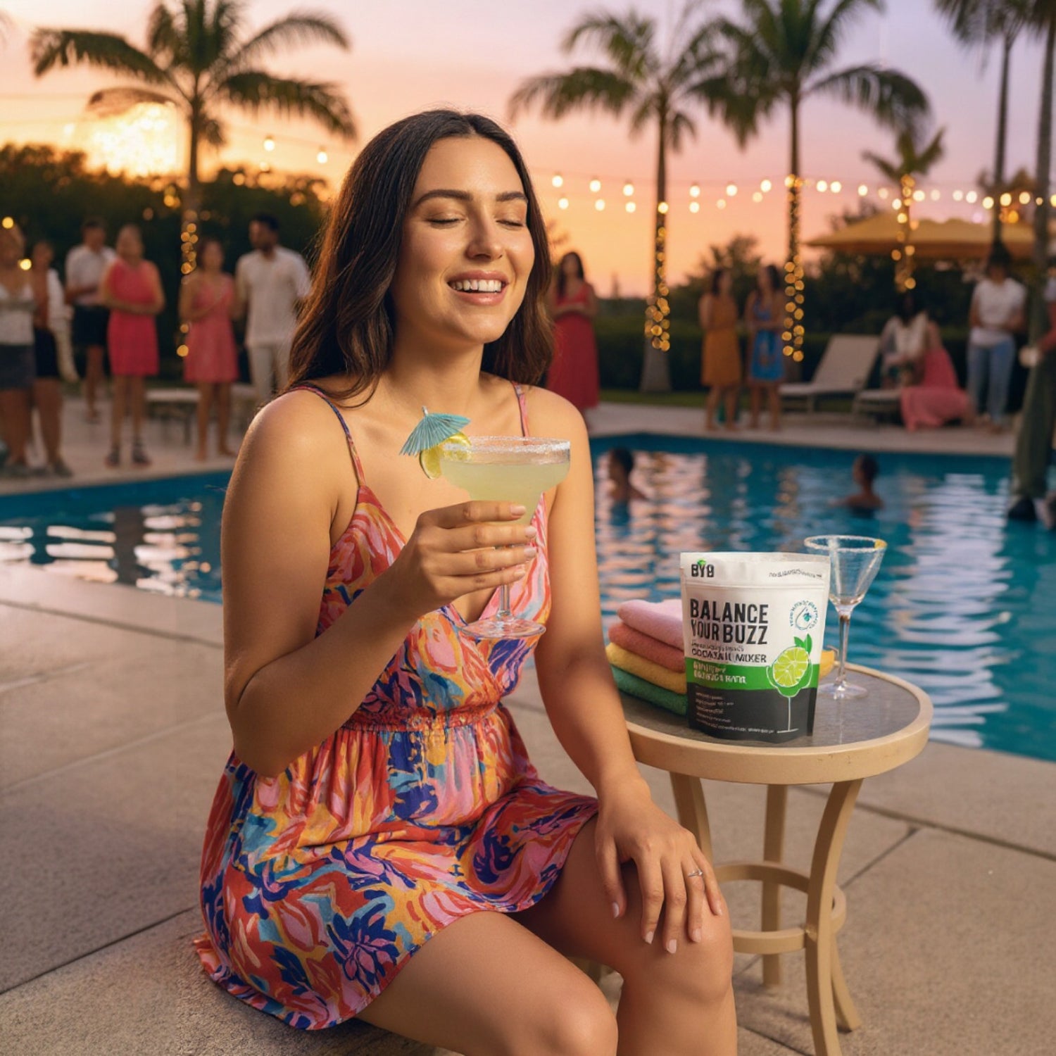 Woman holding a cocktail by a poolside with 'Balance Your Buzz' supplement packaging.