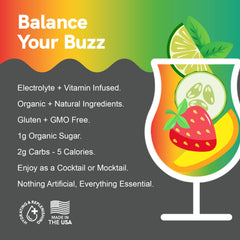 Promotional graphic for a drink with ingredients and health benefits, featuring a colorful cocktail illustration.