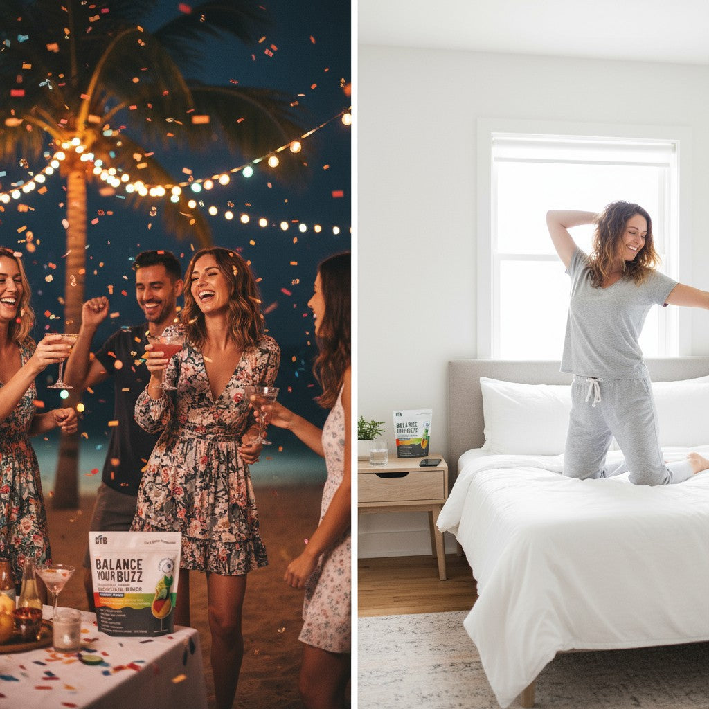 Two scenes: a party with people celebrating and a woman in pajamas in a bedroom.